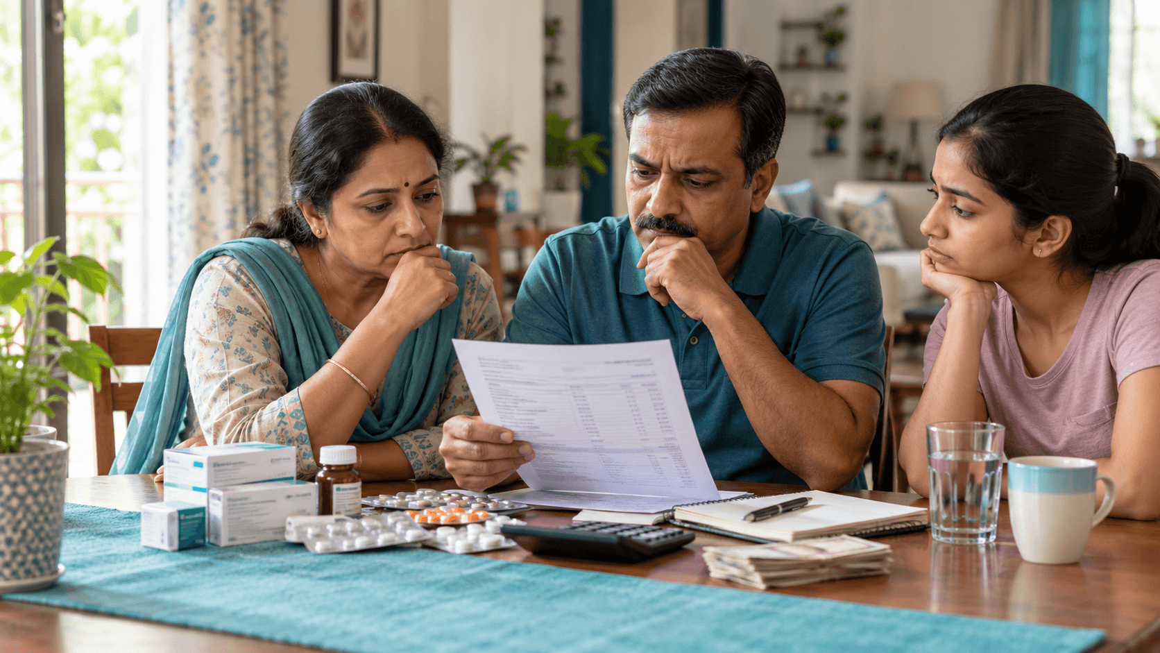 Illustration of a family reviewing medical bills and household expenses at home