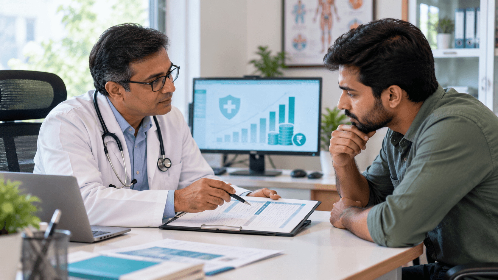 Illustration of a doctor and patient discussing a medical estimate