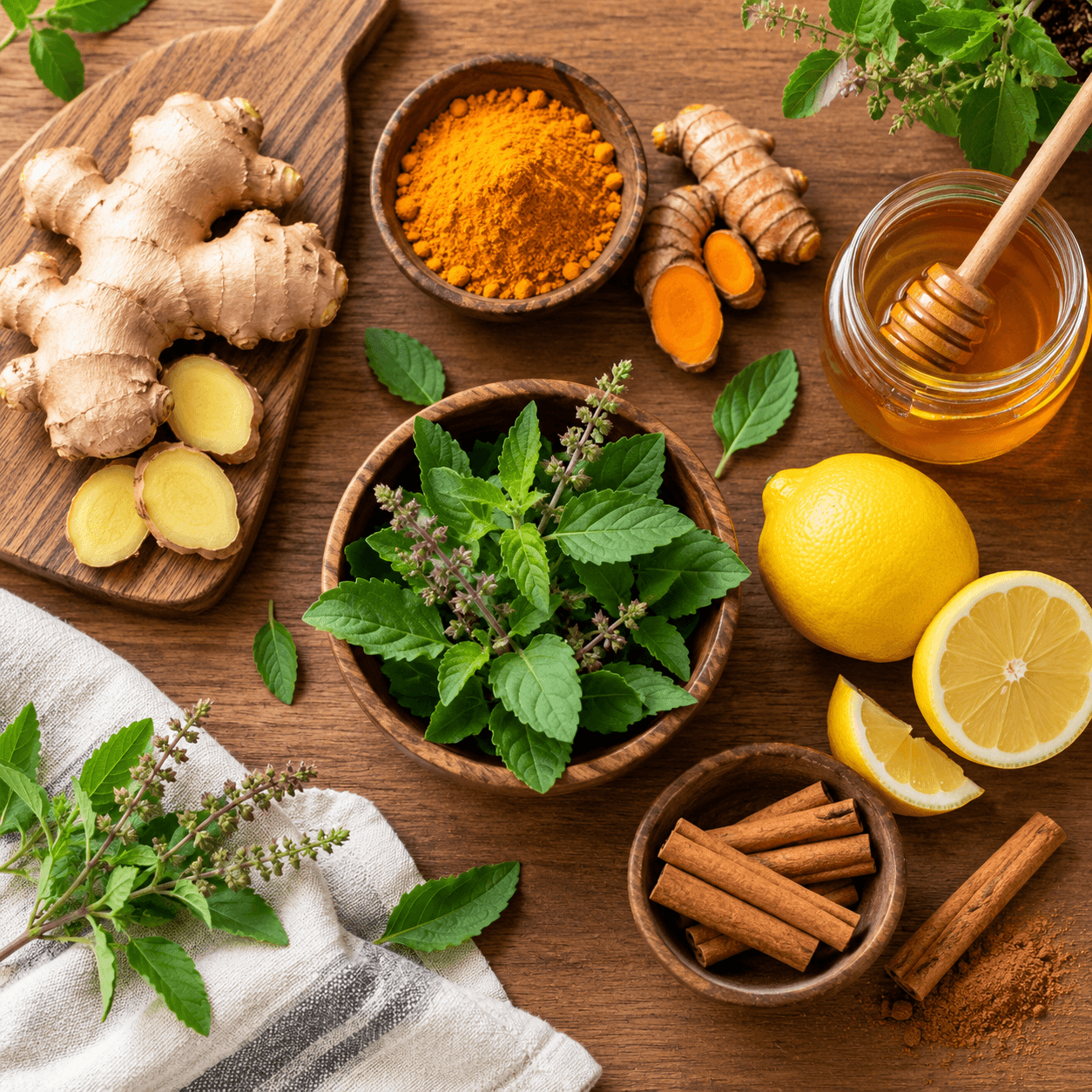 Home remedy ingredients — ginger, turmeric, honey, tulsi and lemon on a wooden table