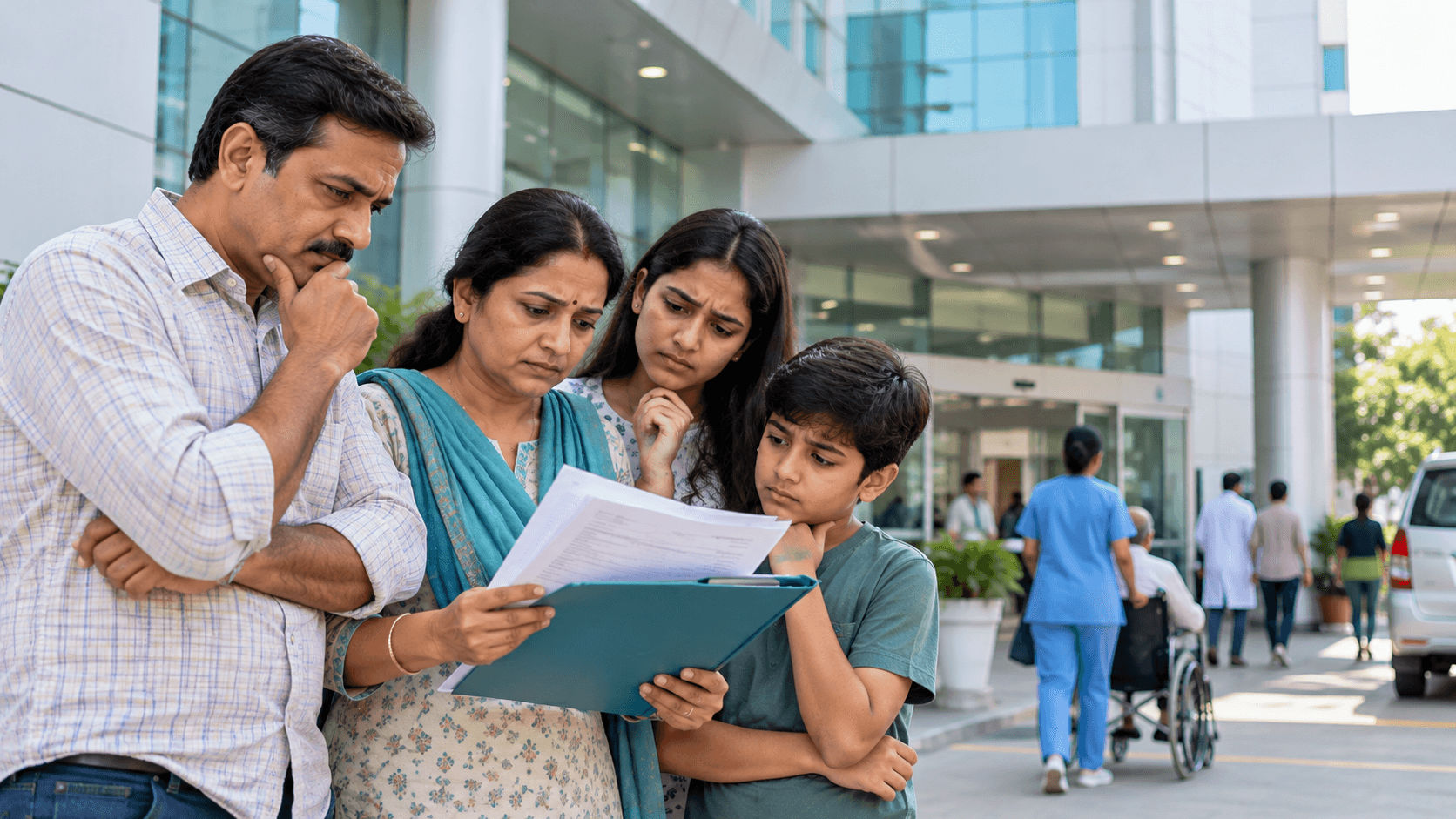 Illustration of a family reviewing medical paperwork outside a hospital